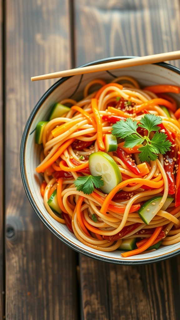 Refreshing Cold Kimchi Soba Noodle Salad Cold kimchi soba noodle salad with colorful vegetables and sesame seeds in a bowl, garnished with cilantro.